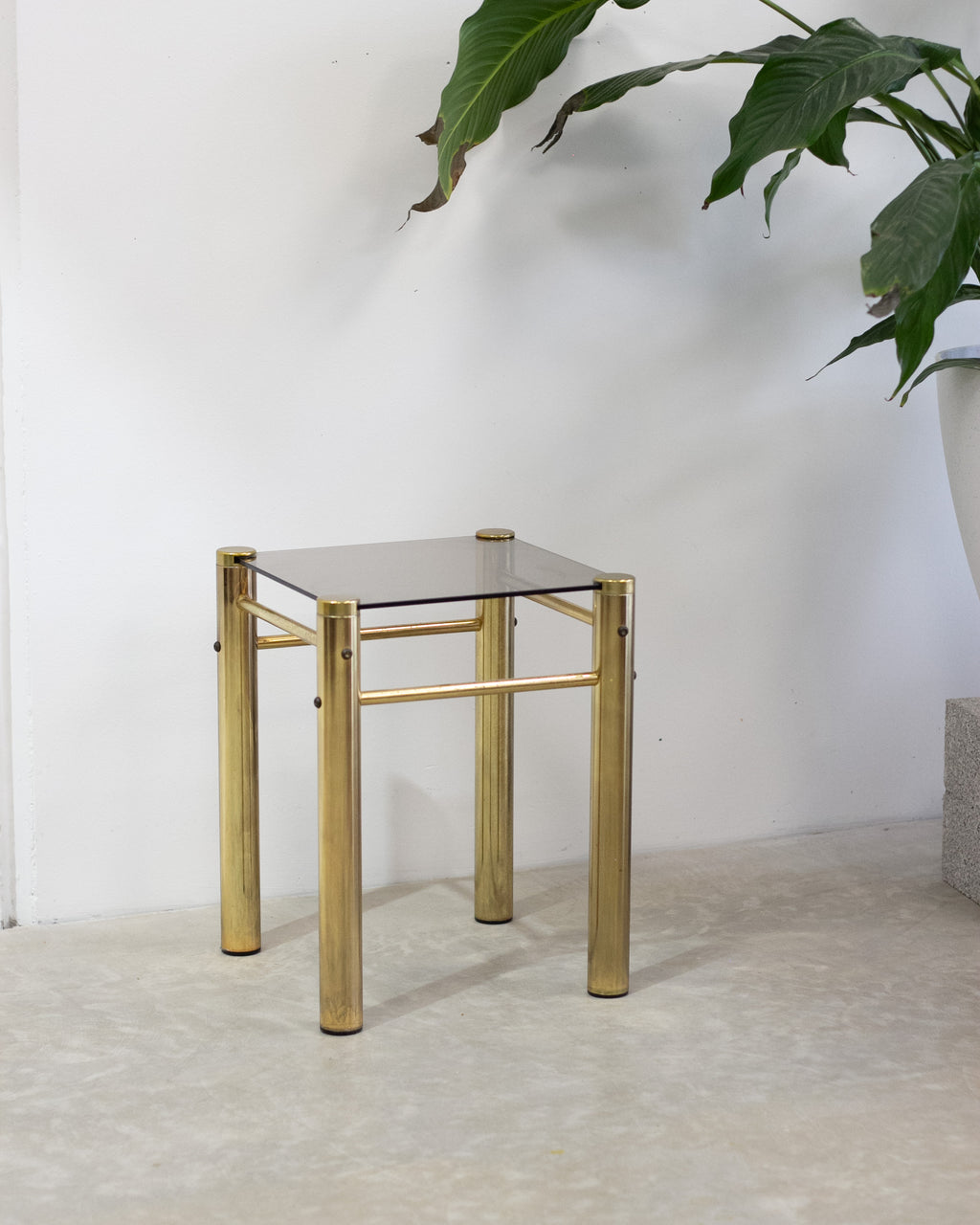 Hollywood Regency Brass & Smoked Glass Side Tables