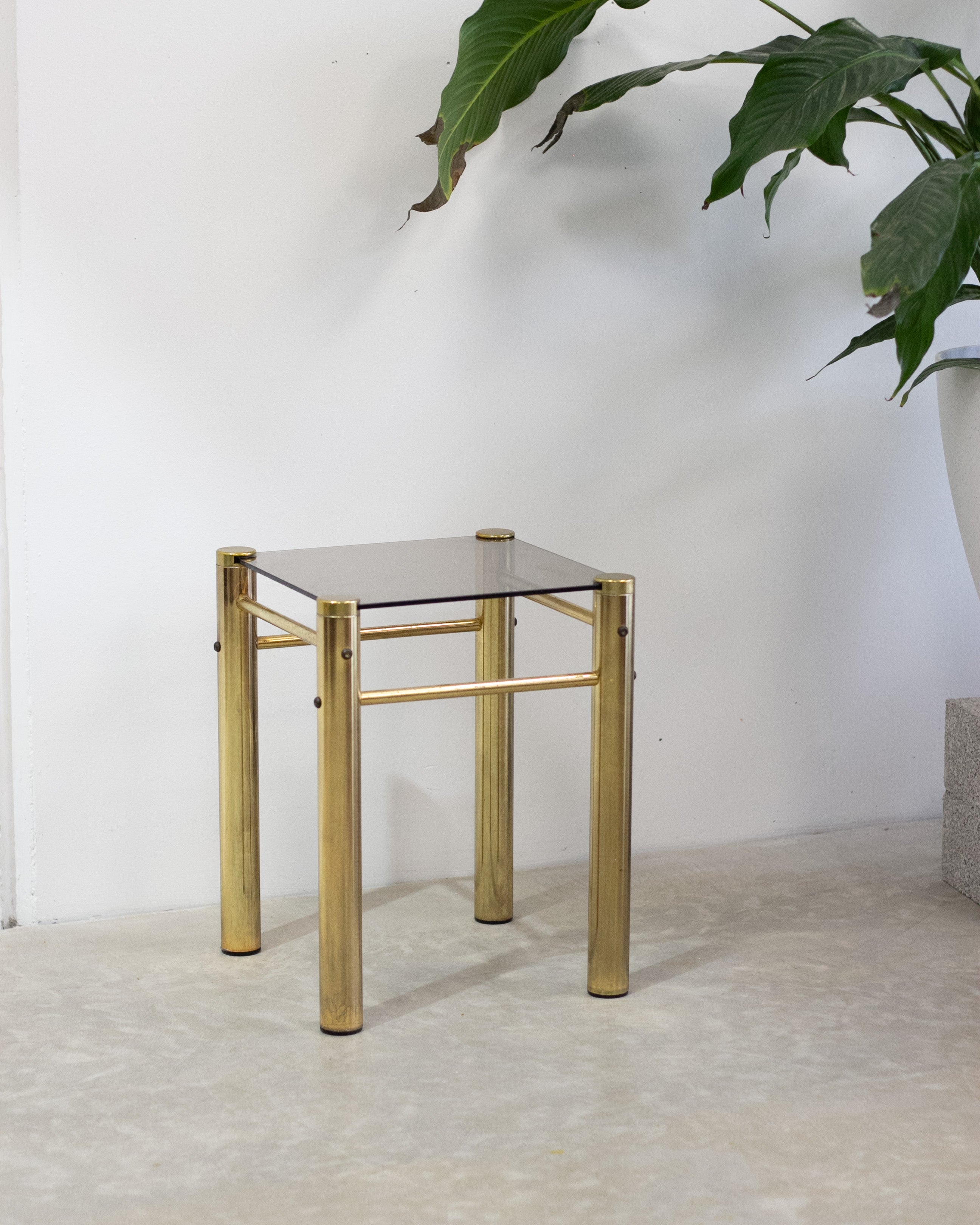 Hollywood Regency Brass & Smoked Glass Side Tables