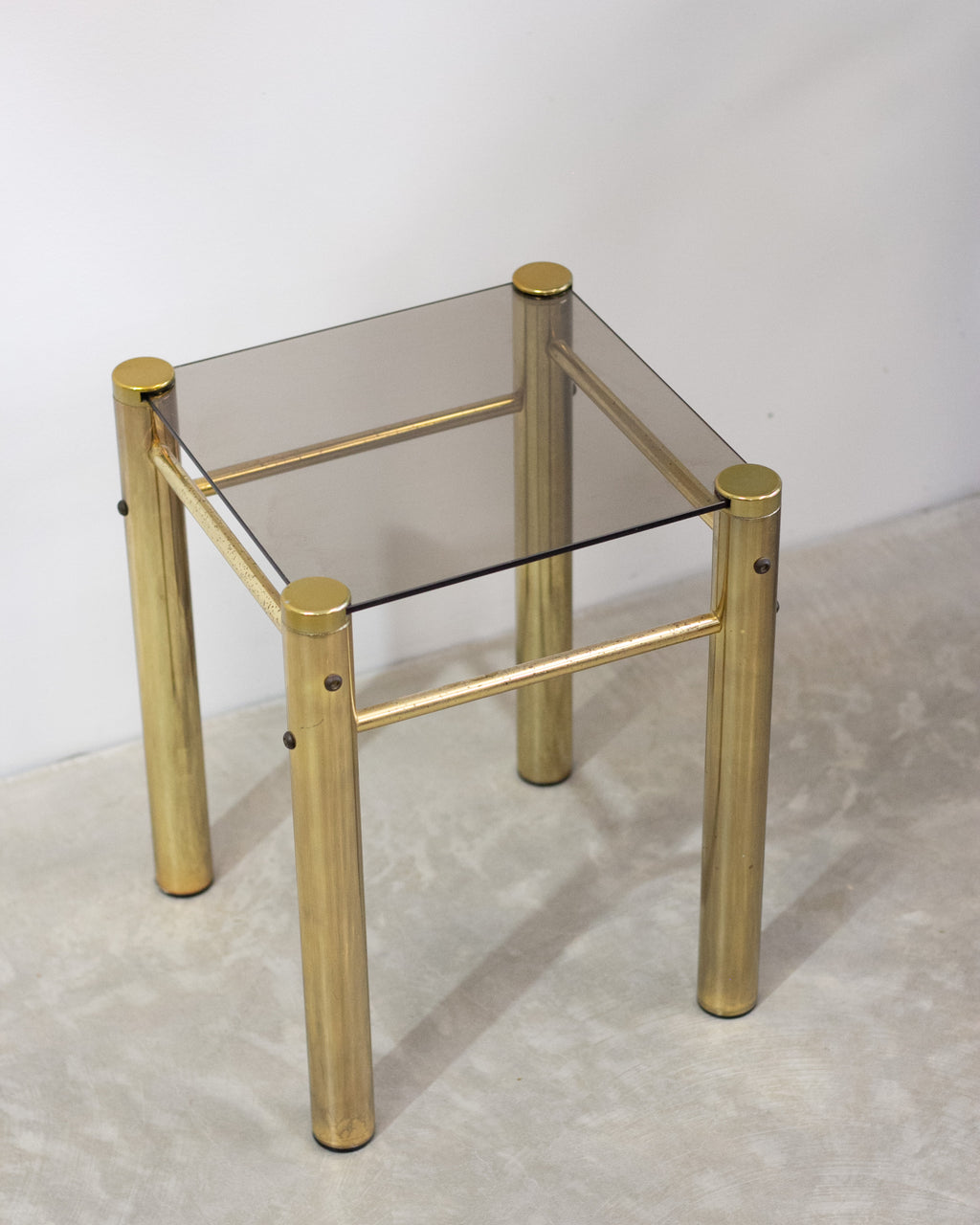 Hollywood Regency Brass & Smoked Glass Side Tables