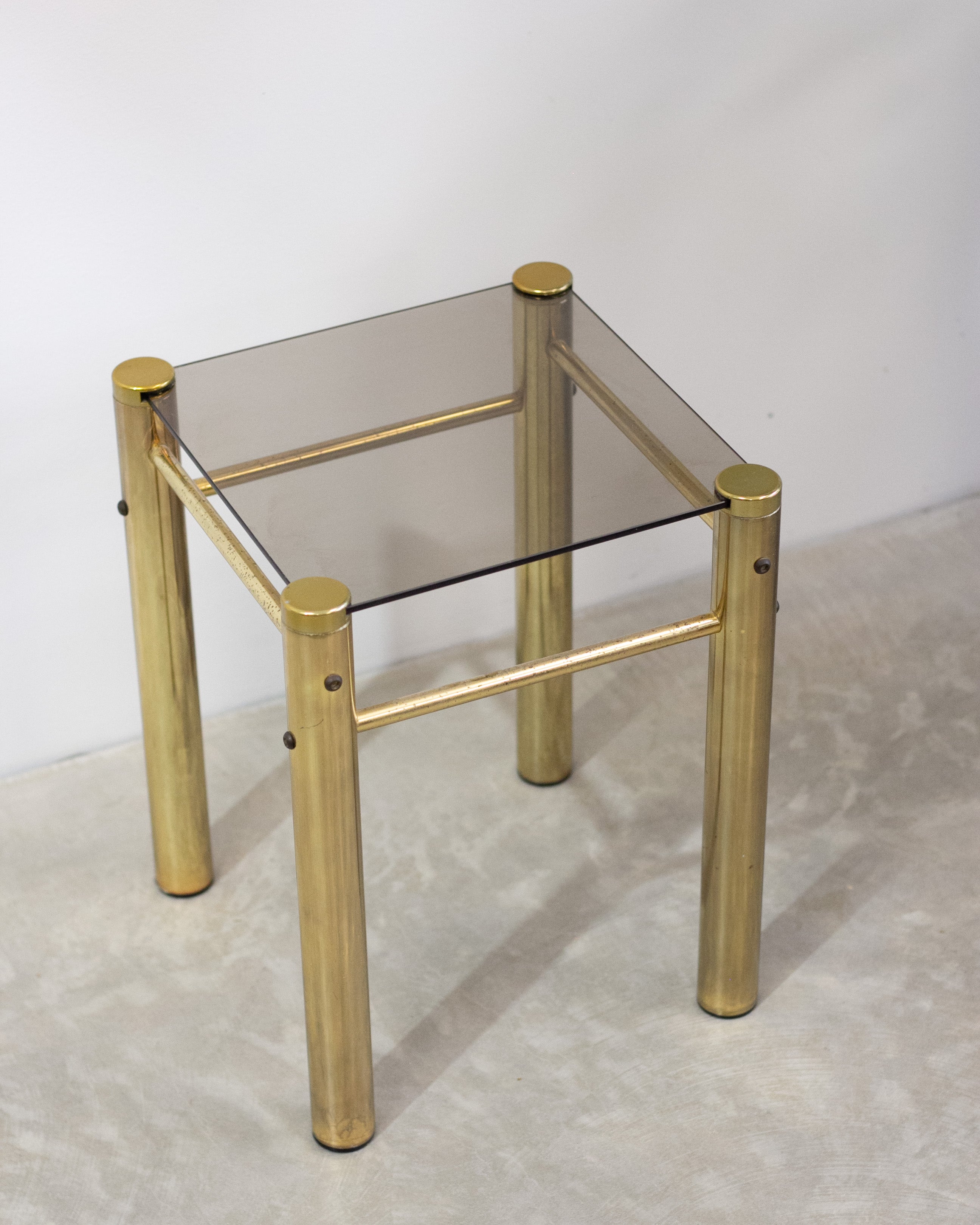 Hollywood Regency Brass & Smoked Glass Side Tables