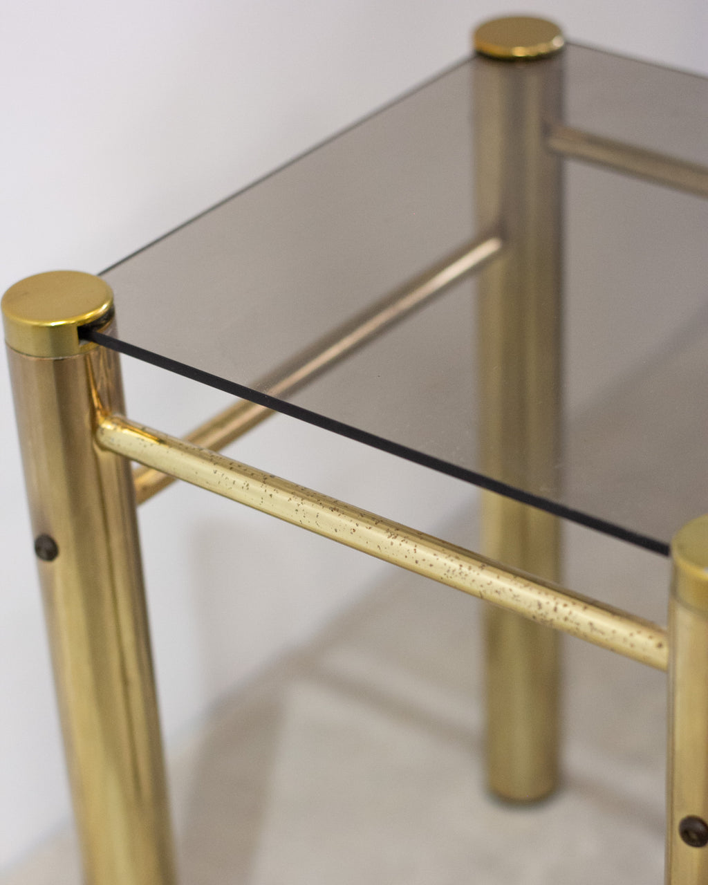 Hollywood Regency Brass & Smoked Glass Side Tables