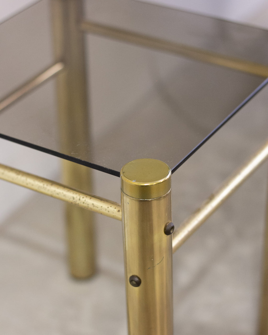 Hollywood Regency Brass & Smoked Glass Side Tables