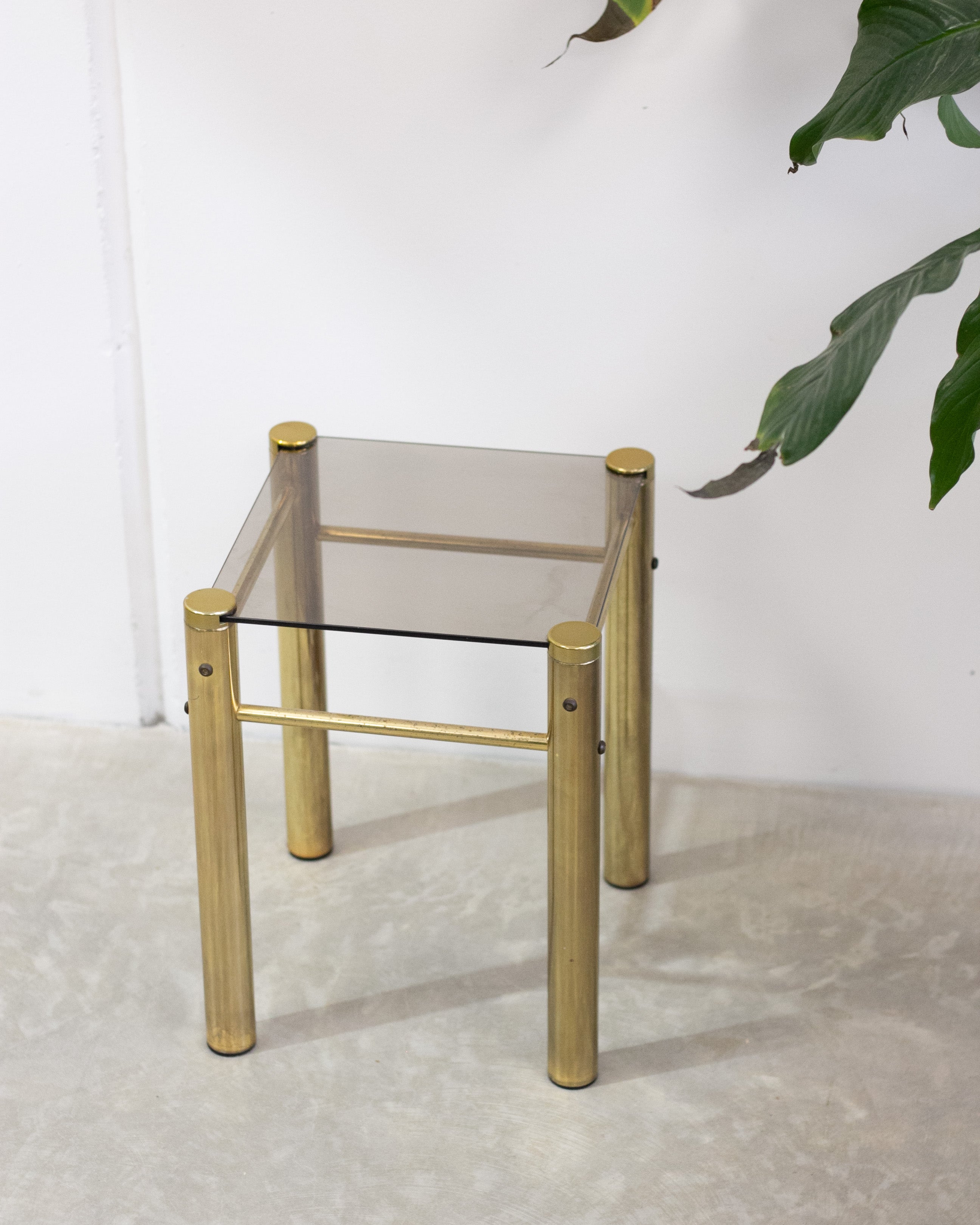 Hollywood Regency Brass & Smoked Glass Side Tables