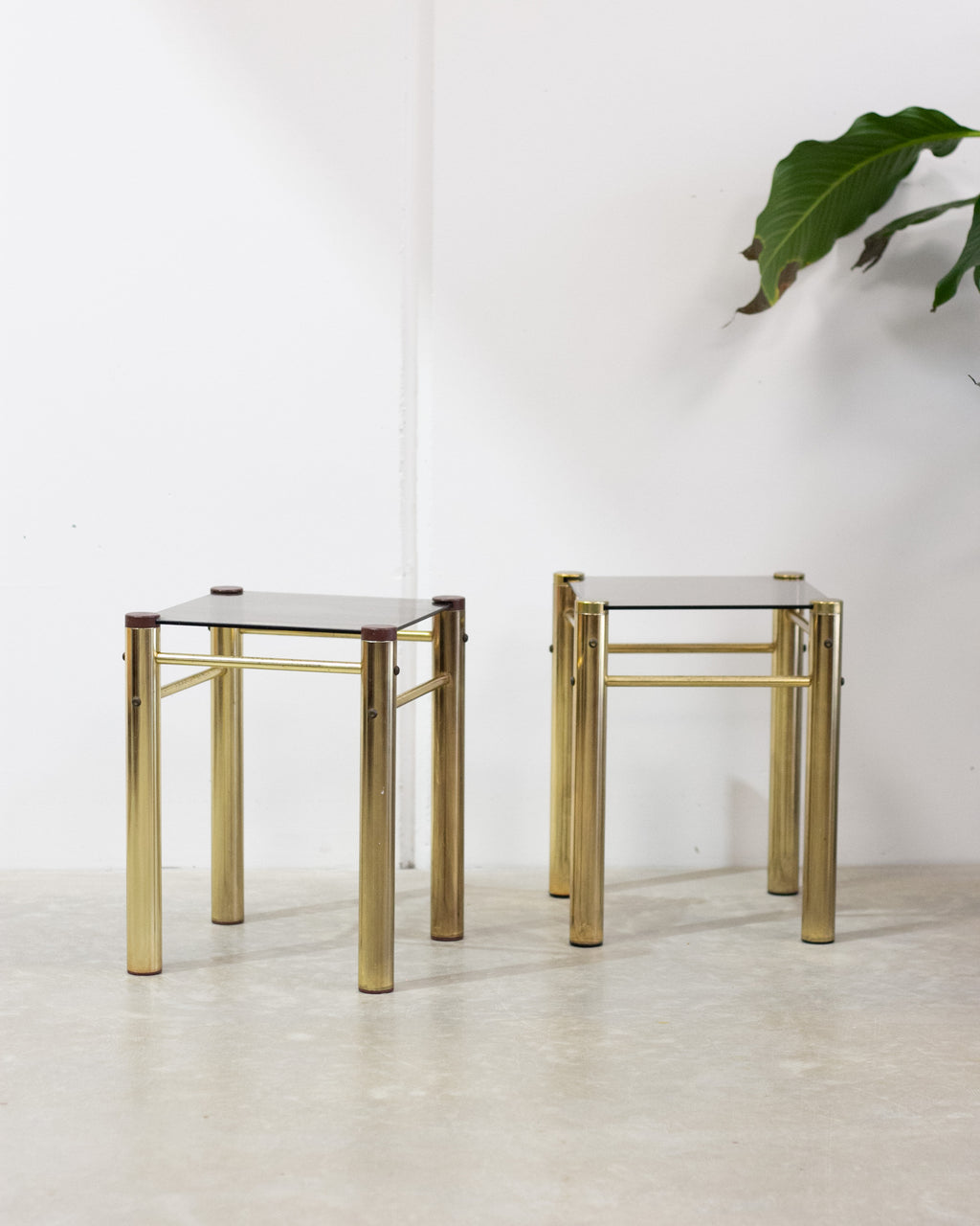 Hollywood Regency Brass & Smoked Glass Side Tables