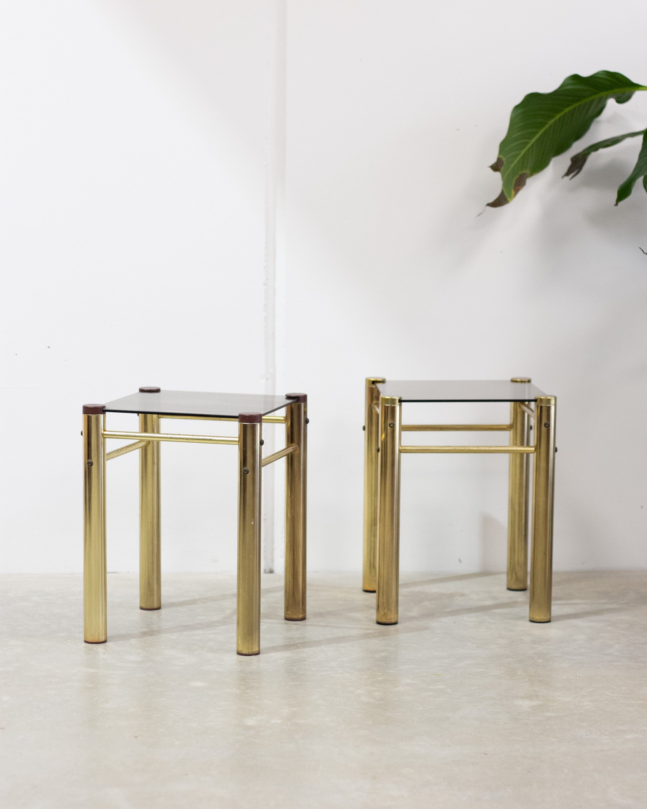 Hollywood Regency Brass & Smoked Glass Side Tables