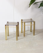 Hollywood Regency Brass & Smoked Glass Side Tables