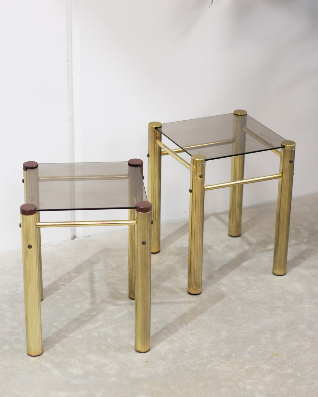 Hollywood Regency Brass & Smoked Glass Side Tables
