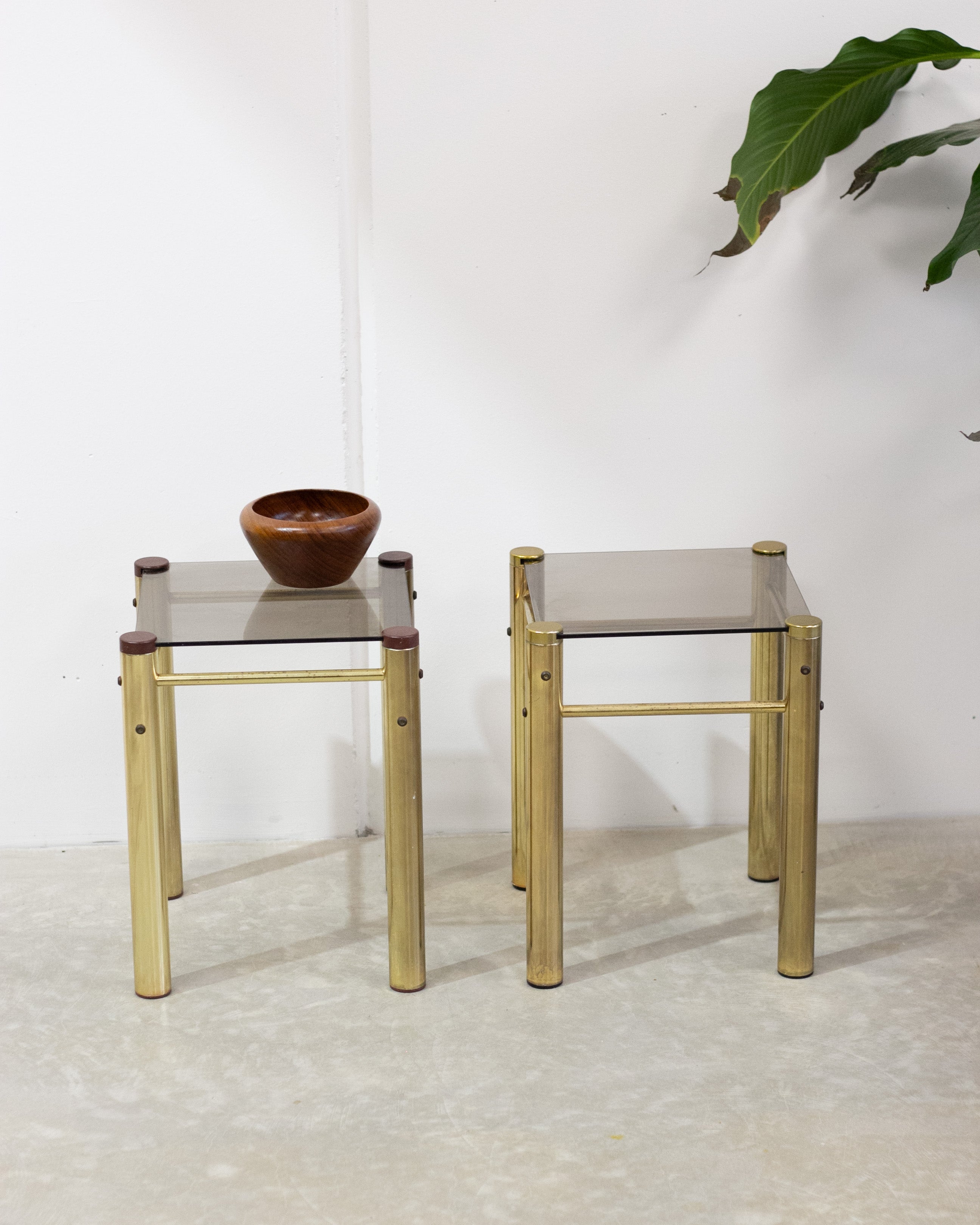 Hollywood Regency Brass & Smoked Glass Side Tables