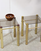 Hollywood Regency Brass & Smoked Glass Side Tables