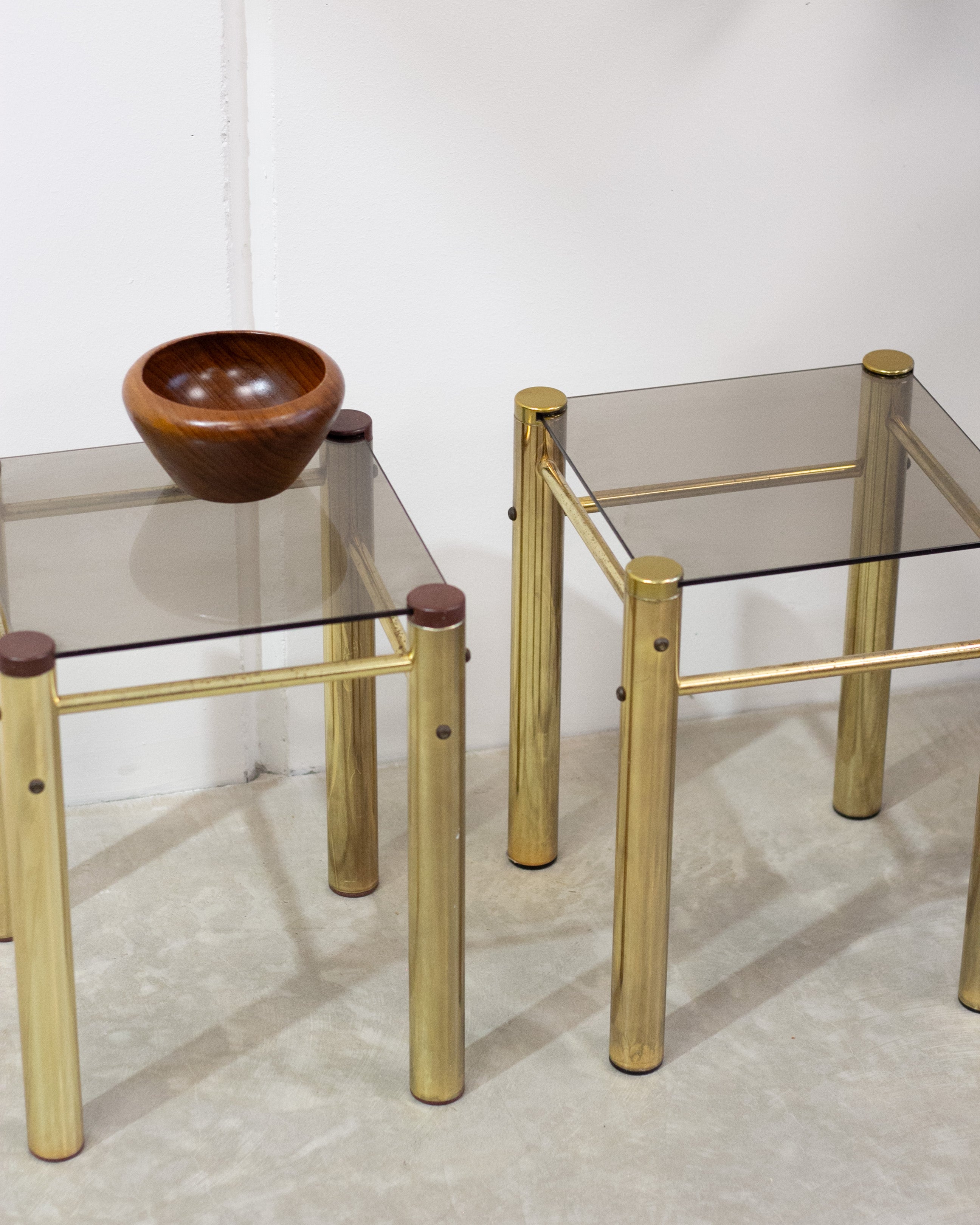 Hollywood Regency Brass & Smoked Glass Side Tables
